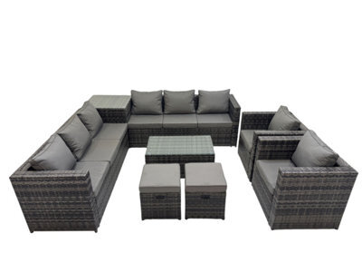 Fimous 10 Seater Garden Outdoor Rattan Furniture Set Patio Corner Sofa Rectangular Coffee Table With 2 Small Stool Dark Grey - image 1