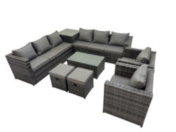 Fimous 10 Seater Garden Outdoor Rattan Furniture Set Patio Corner Sofa Rectangular Coffee Table With 2 Small Stool Dark Grey - thumbnail 2