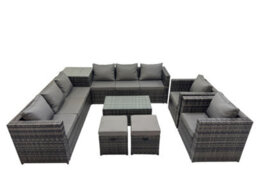 Fimous 10 Seater Garden Outdoor Rattan Furniture Set Patio Corner Sofa Rectangular Coffee Table With 2 Small Stool Dark Grey - thumbnail 1
