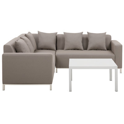 Beliani Belize 5 Seater Garden Corner Sofa With Table Right Hand Beige Modular - image 1