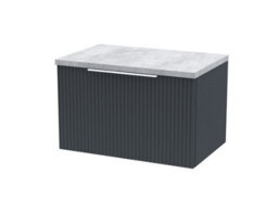 Hudson Reed Fluted Wall Hung 1-Drawer Vanity Unit & Bellato Grey Laminate Worktop, Counter Top Vanity Unit In Soft Black, 600mm