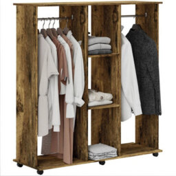 Mobile Double Open Wardrobe Clothes Hanging Rail, Rustic Brown - thumbnail 1