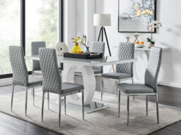 Furniturebox Giovani Rectangular 6 Seat White High Gloss Unique Halo Dining Table Grey Glass Top 6 Grey Faux Leather Silver Leg Milan Chairs