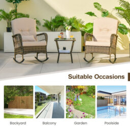Costway 3 Pieces Rocking Chair Set Outdoor Wicker Furniture Tempered Glass Coffee Table - thumbnail 9