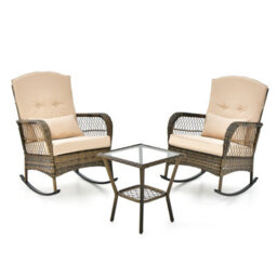 Costway 3 Pieces Rocking Chair Set Outdoor Wicker Furniture Tempered Glass Coffee Table - thumbnail 2