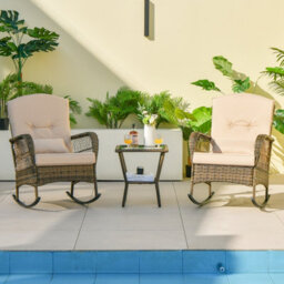 Costway 3 Pieces Rocking Chair Set Outdoor Wicker Furniture Tempered Glass Coffee Table