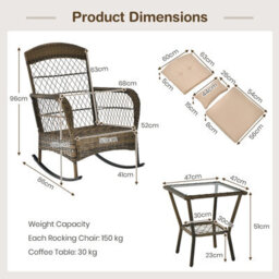 Costway 3 Pieces Rocking Chair Set Outdoor Wicker Furniture Tempered Glass Coffee Table - thumbnail 3