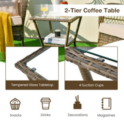 Costway 3 Pieces Rocking Chair Set Outdoor Wicker Furniture Tempered Glass Coffee Table - thumbnail 7