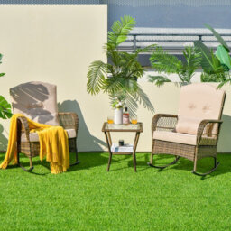 Costway 3 Pieces Rocking Chair Set Outdoor Wicker Furniture Tempered Glass Coffee Table - thumbnail 4