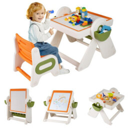 Gainoom 9-In-1 Kids Orange Activity Table & Chair Set Folding & Rotating Art Easel Table Water & Sand Sensory Play Table 18 Month+ - thumbnail 1