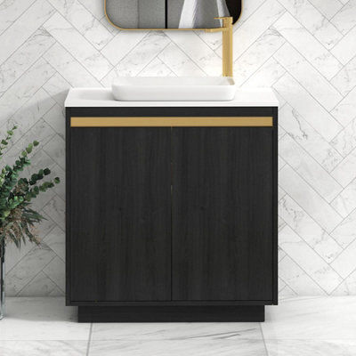 Royal Bathrooms Orion 800mm Hale Black Floor Standing Plain White Countertop Vanity Unit 2 Door With Qubix Basin & Brushed Brass Accent Trim - image 1