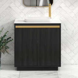 Royal Bathrooms Orion 800mm Hale Black Floor Standing Plain White Countertop Vanity Unit 2 Door With Qubix Basin & Brushed Brass Accent Trim - thumbnail 2