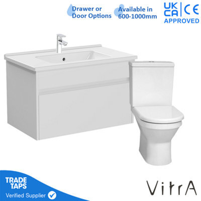 Vitra 800mm Wall Hung Bathroom Vanity Unit With 1 Drawer Includes Basin, Chrome Tap And Close Coupled Toilet Set - White Gloss - image 1
