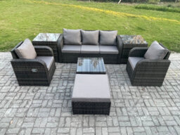 Fimous Garden Furniture Sets 6 Pieces Wicker Rattan Furniture Patio Sofa Sets With Reclining Chair 3 Seater Sofa - thumbnail 1