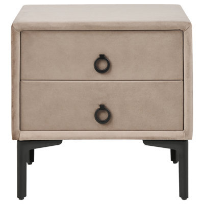 Wyld And Coco Taupe Velvet Bedside Table With Black Metal Legs, 2 Drawers, Small (W44 X D38 X H45Cm) - image 1