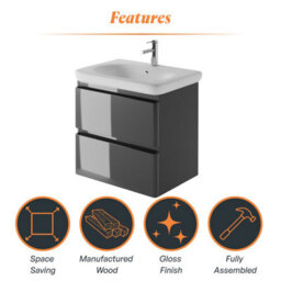 Plum&clay Marvel Gloss Dark Grey Wall Hung Bathroom Vanity Unit With Round Resin Basin (W)600mm - thumbnail 6