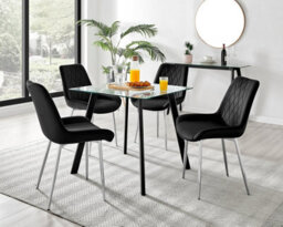 Furniturebox Seattle Scandi Inspired Glass And Black Metal Leg Square Dining Table & 4 Black Pesaro Velvet Silver Leg Chairs