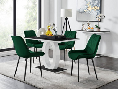 Furniturebox Giovani Rectangular 4 Seat White High Gloss Unique Halo Base Dining Table Black Glass Top 4 Green Velvet Black Leg Pesaro Chairs - image 1