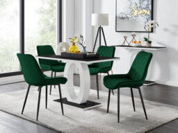 Furniturebox Giovani Rectangular 4 Seat White High Gloss Unique Halo Base Dining Table Black Glass Top 4 Green Velvet Black Leg Pesaro Chairs
