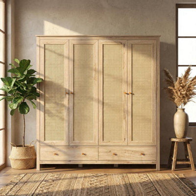Willow Oak & Real Woven Rattan 4 Door Wardrobe With 2 Drawers Bedroom Storage Furniture - image 1