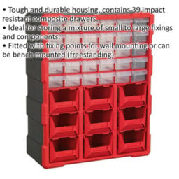 375 X 165 X 470mm 39 Drawer Parts Cabinet - Red - Wall Mounted / Standing Box - thumbnail 2