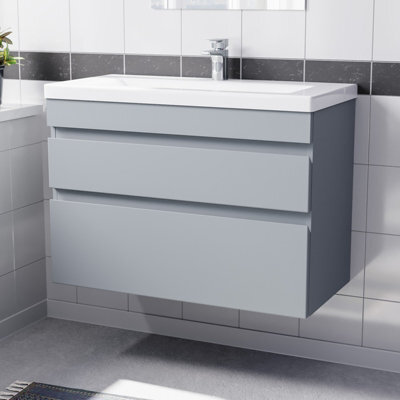 Nes Home Wall Hung Matte Grey 800mm Pvc 2 Drawers Vanity Unit & Basin Sink - image 1