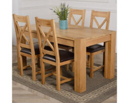 That's Furniture Kuba 150 X 85 Cm Chunky Medium Oak Dining Table And 4 Chairs Dining Set With Berkeley Brown Leather Chairs - thumbnail 1