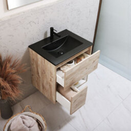 Homestylestore Light Oak 612mm Wall Hung Bathroom Vanity Unit Led Lit Open Shelf And Graphite Basin - thumbnail 2