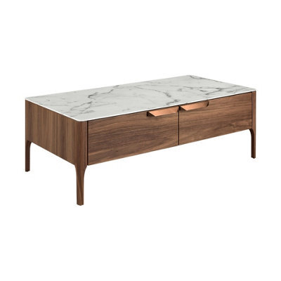 Angel Cerda Elegant Rectangular Glass Coffee Table With Marble Effect And Walnut Legs - image 1