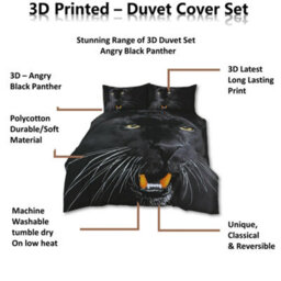 TheWhiteWater Limited Rare Angry Wild Black Panther Bed Set- 3D Animal Printed Single Beddings Duvet Cover + One Matching Pillowcase - thumbnail 7