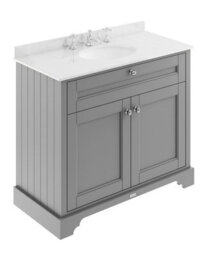 Hudson Reed Floor Standing Two Door Traditional Vanity Unit With 3 Tap Hole White Marble Top & Basin In Storm Grey, 1020 X 470mm