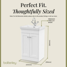 Balterley Swynnerton Traditional Bathroom Floor Standing 2-Door Vanity Unit & Fireclay Basin, Satin White, 500mm - thumbnail 5