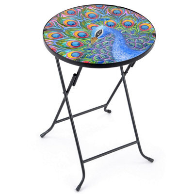 Folding Glass Table Garden Outdoor Patio Decoration Painted Round Top Christow Peacock - image 1