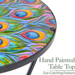 Folding Glass Table Garden Outdoor Patio Decoration Painted Round Top Christow Peacock - thumbnail 3