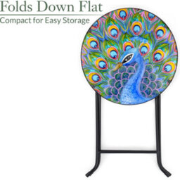 Folding Glass Table Garden Outdoor Patio Decoration Painted Round Top Christow Peacock - thumbnail 4