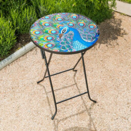 Folding Glass Table Garden Outdoor Patio Decoration Painted Round Top Christow Peacock - thumbnail 2