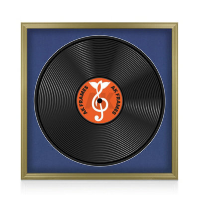 "16X16"" Gold Classic Vinyl Record Frame With Blue Mount For 12 Inch Lp Disc - Ak Frames" - image 1