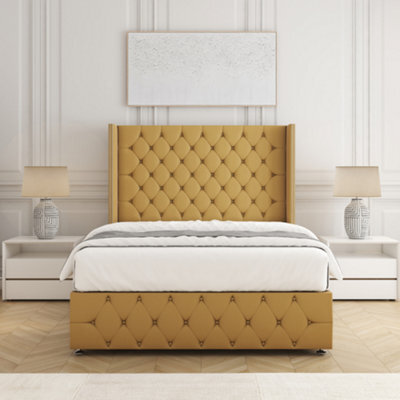 Bsspoke Mayfair Divan Bed In Mustard Plush Velvet 54Inch Headboard & Footboard & Mattress No Drawers In 3Ft 4Ft 4Ft6 5Ft 6Ft - image 1