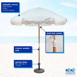 Harbour Housewares 1.4M Tassel Fringed Wooden Garden Parasol & Base Set Free-Standing Umbrella With Carry Bag - Pastel Pink Stripe - Upf30+ - thumbnail 2