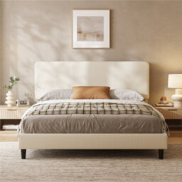 Yaheetech Chenille Upholstered Double Bed Frame 135X190Cm Beige Fabric Bed
