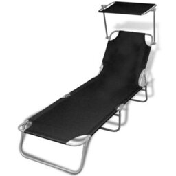 Walplus Folding Sun Lounger With Canopy Steel And Fabric Black - thumbnail 1
