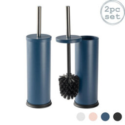 Harbour Housewares 2X Matt Blue Toilet Brushes With Holder Round Brush With Non Slip Base Rust Resistant Toilet Cleaning Brush Set