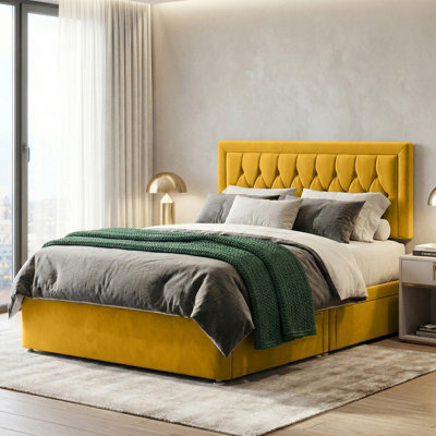 Adore Designs Diamond Cut Bumper Plush Velvet Divan Bed, Headboard & Mattress - 4Ft Small Double - Turmeric - 2 Drawers Same Side - image 1