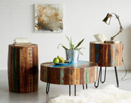 Vema Reclaimed Boat Wood And Metal Drum Shape Round Side Table - thumbnail 2