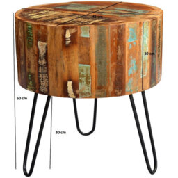 Vema Reclaimed Boat Wood And Metal Drum Shape Round Side Table - thumbnail 4