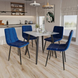 Urbn-Living Urbnliving 5Pcs Gloss White Modern Ceramic Top Dining Table & Blue Velvet Chairs With Metal Legs - thumbnail 4