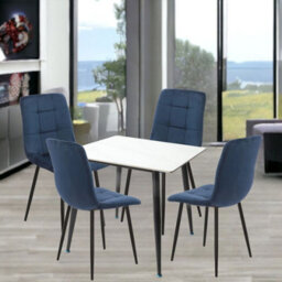 Urbn-Living Urbnliving 5Pcs Gloss White Modern Ceramic Top Dining Table & Blue Velvet Chairs With Metal Legs
