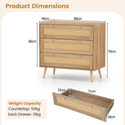 Natural Wooden Boho Rattan 3 Drawer Nightstand Dresser - thumbnail 2