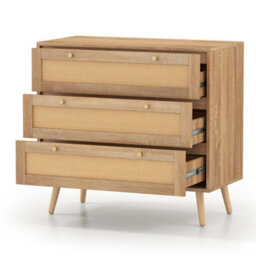 Natural Wooden Boho Rattan 3 Drawer Nightstand Dresser - thumbnail 3