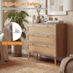 Natural Wooden Boho Rattan 3 Drawer Nightstand Dresser - thumbnail 4
